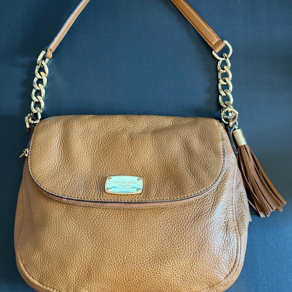 Michael Kors Bedford Brown Pebbled Leather Flap Shoulder Bag Hobo